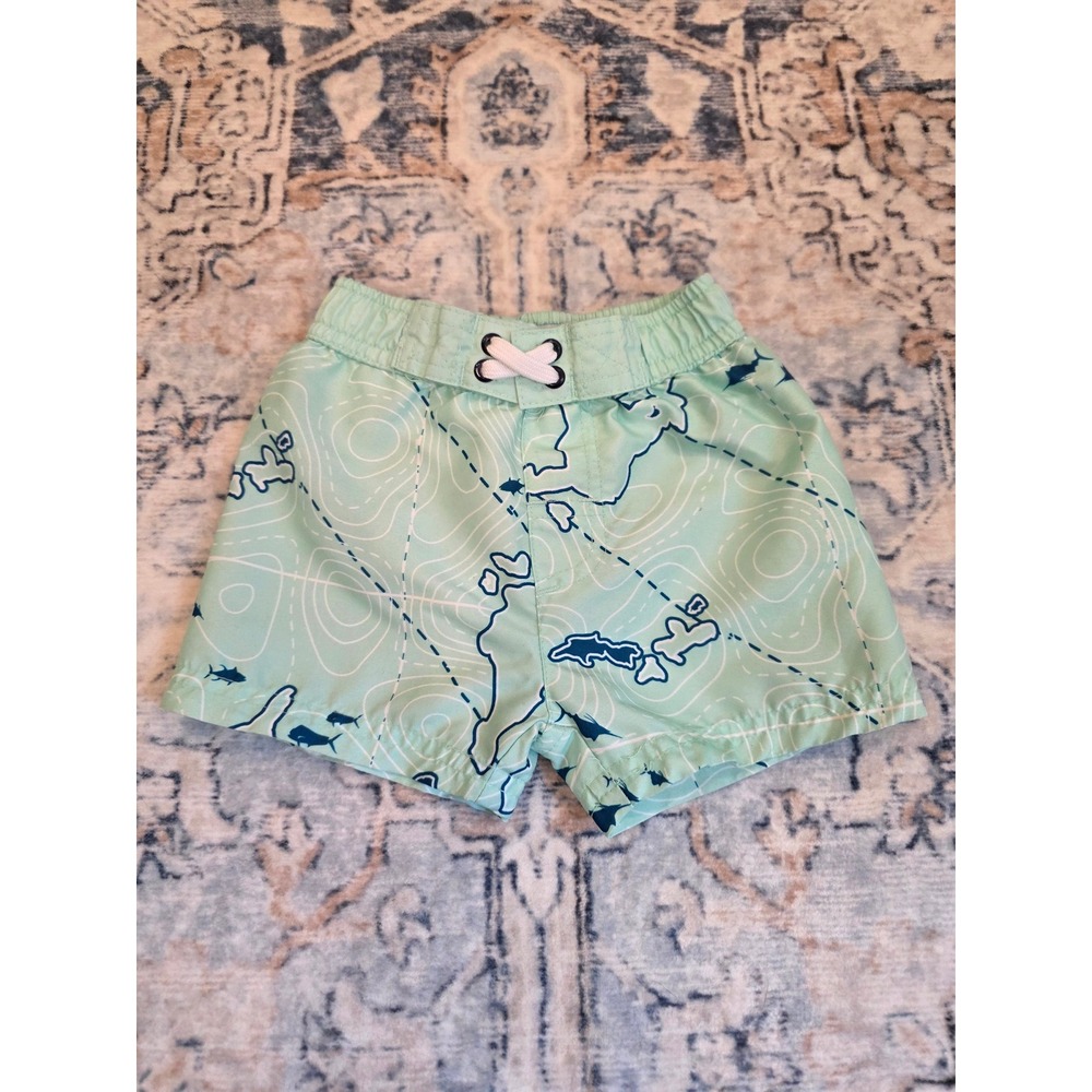 Ocean + Coast Boys Size 12 months Green Navy Map Fish Elastic Waist Swim Trunks